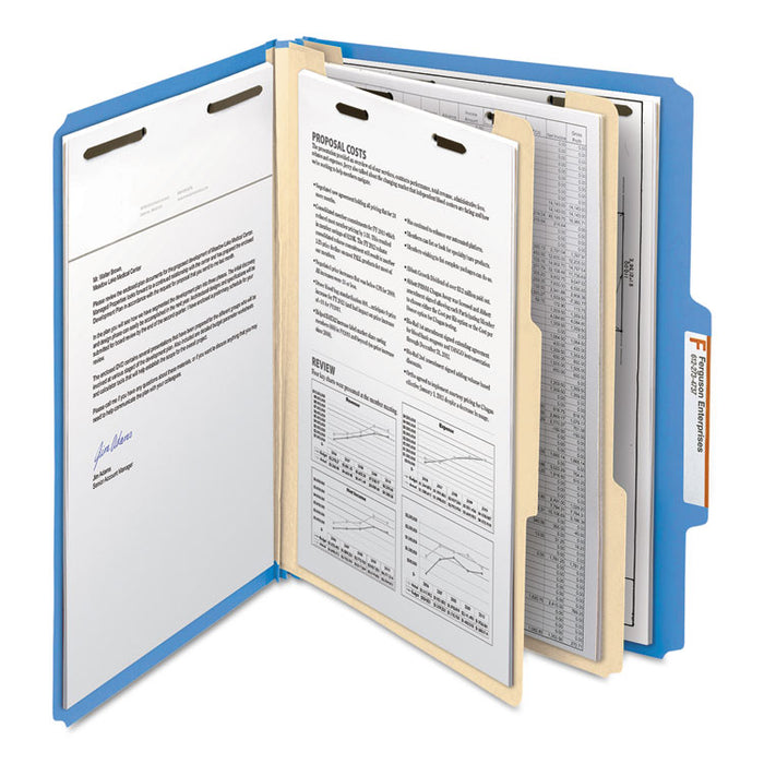Colored Top Tab Classification Folders, 2 Dividers, Letter Size, Blue, 10/Box
