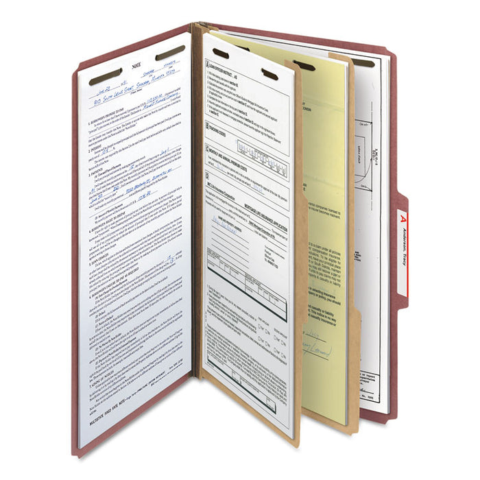 100% Recycled Pressboard Classification Folders, 2 Dividers, Legal Size, Red, 10/Box
