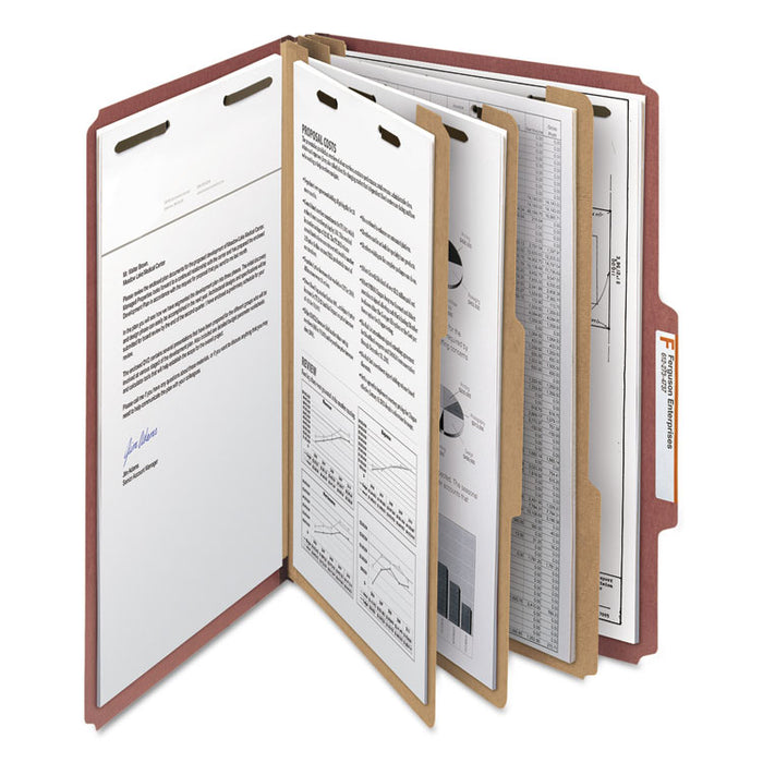 100% Recycled Pressboard Classification Folders, 3 Dividers, Legal Size, Red, 10/Box