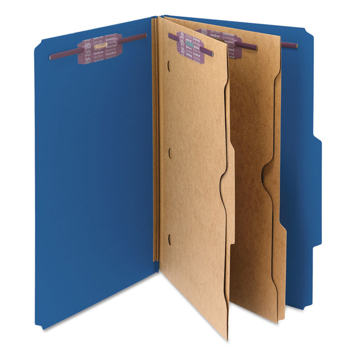 6-Section Pressboard Top Tab Pocket-Style Classification Folder, SafeSHIELD Fasteners, 2 Dividers, Legal, Dark Blue, 10/Box
