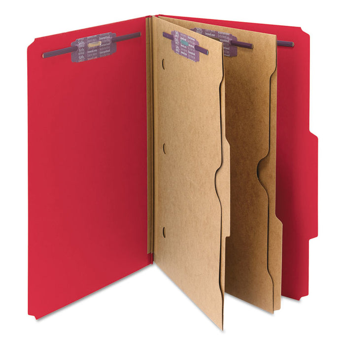 6-Section Pressboard Top Tab Pocket-Style Classification Folders with SafeSHIELD Fasteners, 2 Dividers, Legal, Red, 10/BX