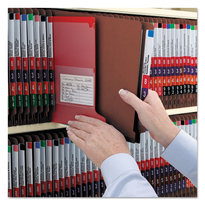 End Tab Pressboard Classification Folders with SafeSHIELD Coated Fasteners, 2 Dividers, Letter Size, Red, 10/Box