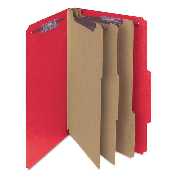 Eight-Section Pressboard Top Tab Classification Folders with SafeSHIELD Fasteners, 3 Dividers, Legal Size, Bright Red, 10/Box