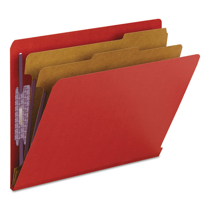 End Tab Pressboard Classification Folders with SafeSHIELD Fasteners, 2 Dividers, Letter Size, Bright Red, 10/Box