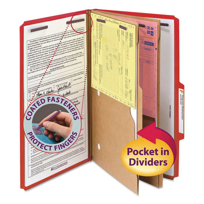 6-Section Pressboard Top Tab Pocket-Style Classification Folders with SafeSHIELD Fasteners, 2 Dividers, Legal, Red, 10/BX