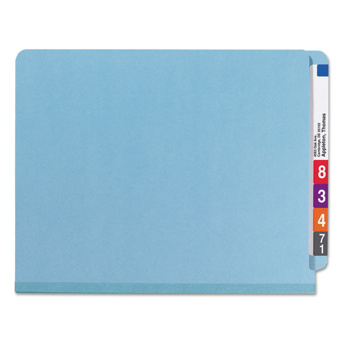 End Tab Colored Pressboard Classification Folders with SafeSHIELD Coated Fasteners, 2 Dividers, Letter Size, Blue, 10/Box