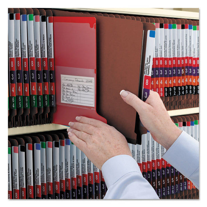 End Tab Pressboard Classification Folders with SafeSHIELD Coated Fasteners, 3 Dividers, Letter Size, Red, 10/Box