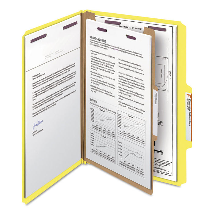 Four-Section Pressboard Top Tab Classification Folders with SafeSHIELD Fasteners, 1 Divider, Legal Size, Yellow, 10/Box