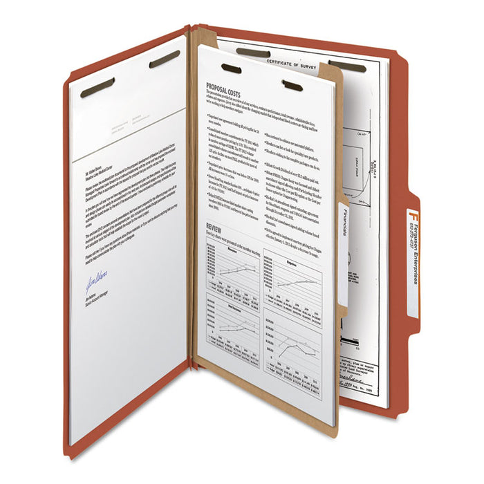 100% Recycled Pressboard Classification Folders, 1 Divider, Legal Size, Red, 10/Box