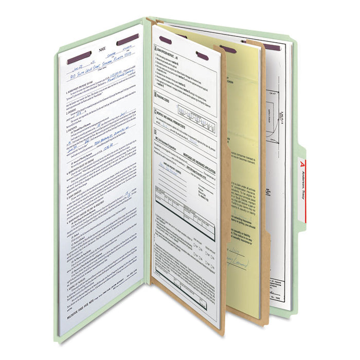 Pressboard Classification Folders with SafeSHIELD Coated Fasteners, 2/5 Cut, 2 Dividers, Legal Size, Gray-Green, 10/Box