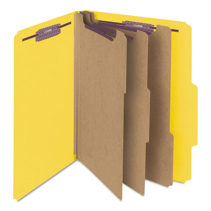 Eight-Section Pressboard Top Tab Classification Folders with SafeSHIELD Fasteners, 3 Dividers, Letter Size, Yellow, 10/Box