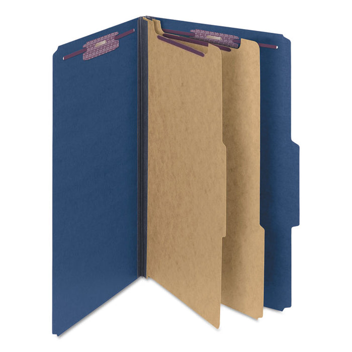 Six-Section Pressboard Top Tab Classification Folders with SafeSHIELD Fasteners, 2 Dividers, Legal Size, Dark Blue, 10/Box