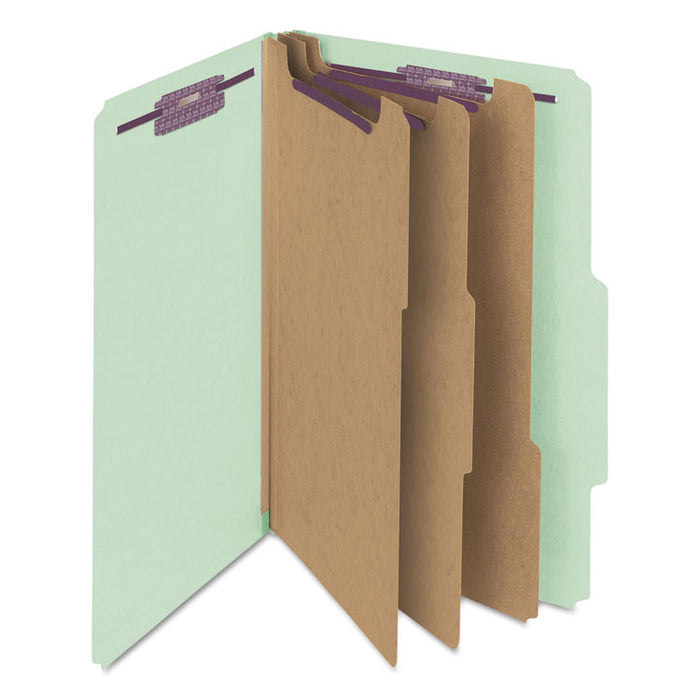 Pressboard Classification Folders with SafeSHIELD Coated Fasteners, 2/5 Cut, 3 Dividers, Legal Size, Gray-Green, 10/Box