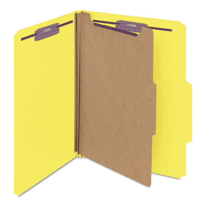 Four-Section Pressboard Top Tab Classification Folders with SafeSHIELD Fasteners, 1 Divider, Letter Size, Yellow, 10/Box