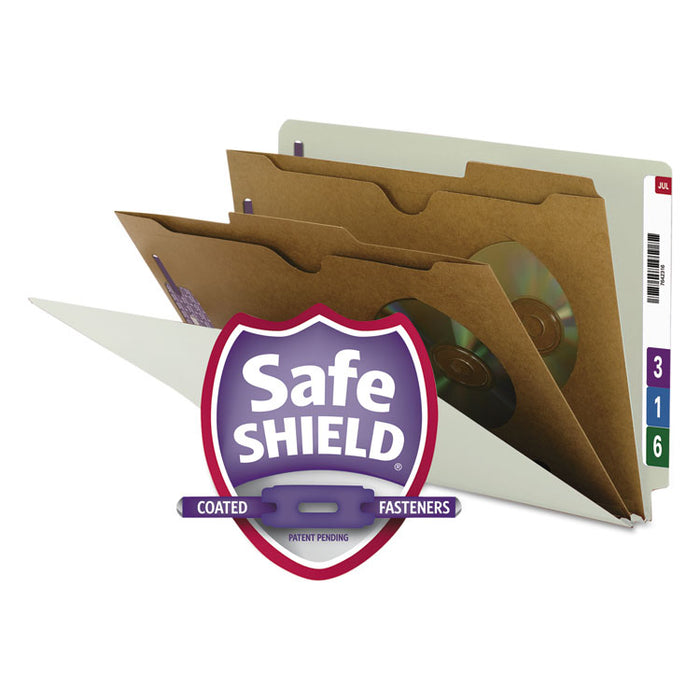 X-Heavy 2-Pocket End Tab Pressboard Classification Folders with SafeSHIELD Fasteners, 2 Dividers, Legal, Gray-Green, 10/Box