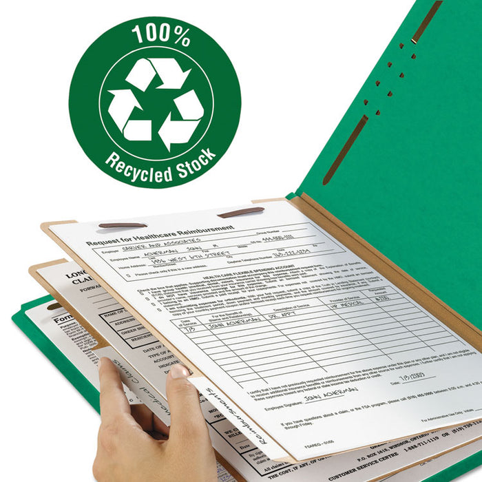 100% Recycled Pressboard Classification Folders, 2 Dividers, Letter Size, Green, 10/Box