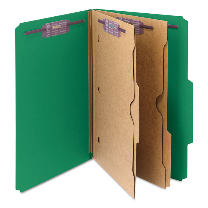 6-Section Pressboard Top Tab Pocket-Style Classification Folders with SafeSHIELD Fasteners, 2 Dividers, Legal, Green, 10/BX