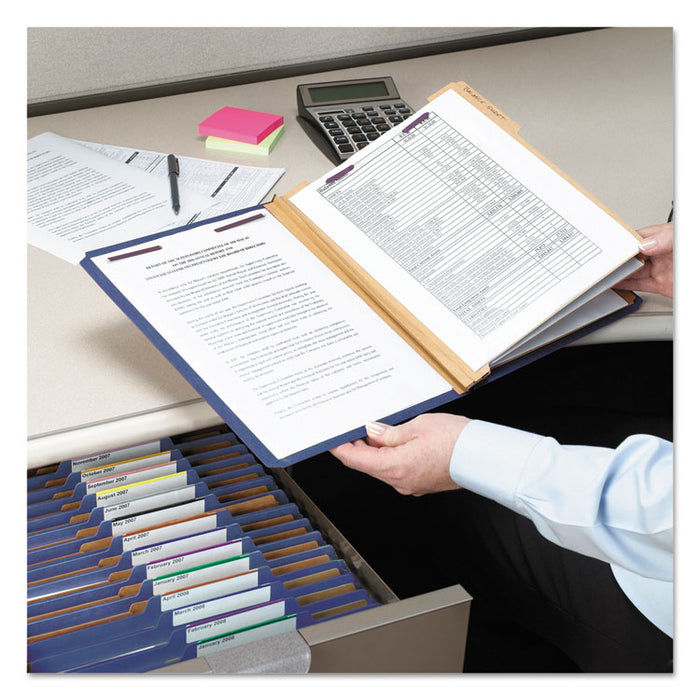 Eight-Section Pressboard Top Tab Classification Folders with SafeSHIELD Fasteners, 3 Dividers, Legal Size, Dark Blue, 10/Box