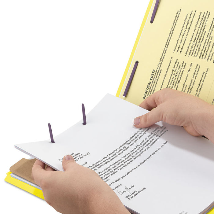Four-Section Pressboard Top Tab Classification Folders with SafeSHIELD Fasteners, 1 Divider, Letter Size, Yellow, 10/Box