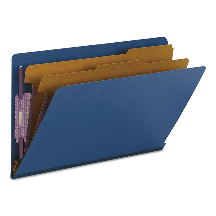 End Tab Colored Pressboard Classification Folders with SafeSHIELD Coated Fasteners, 2 Dividers, Legal Size, Dark Blue, 10/Box
