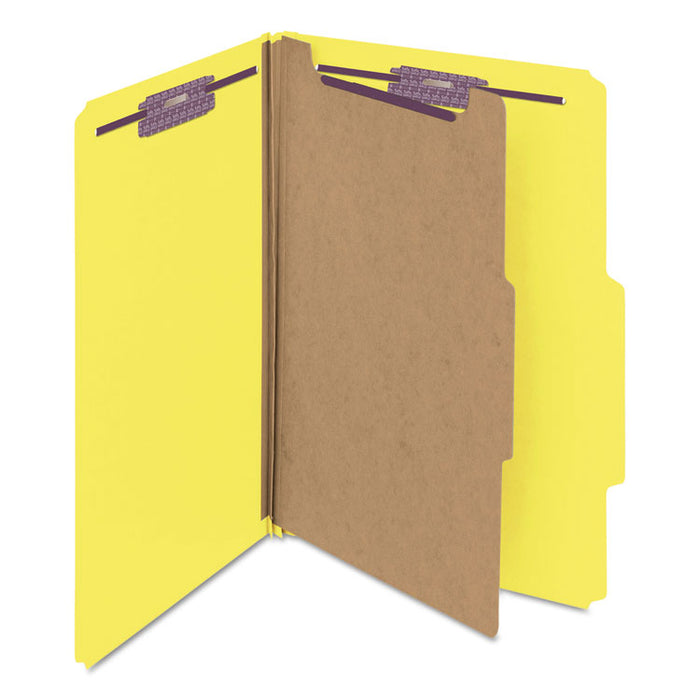 Four-Section Pressboard Top Tab Classification Folders with SafeSHIELD Fasteners, 1 Divider, Legal Size, Yellow, 10/Box