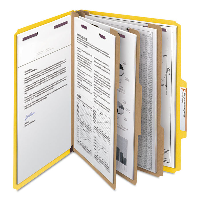 Eight-Section Pressboard Top Tab Classification Folders with SafeSHIELD Fasteners, 3 Dividers, Letter Size, Yellow, 10/Box