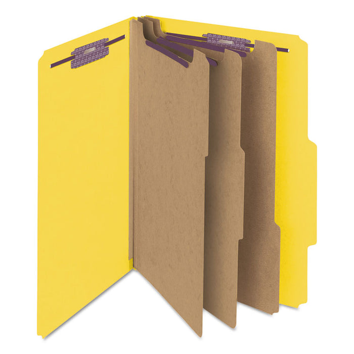 Eight-Section Pressboard Top Tab Classification Folders with SafeSHIELD Fasteners, 3 Dividers, Legal Size, Yellow, 10/Box
