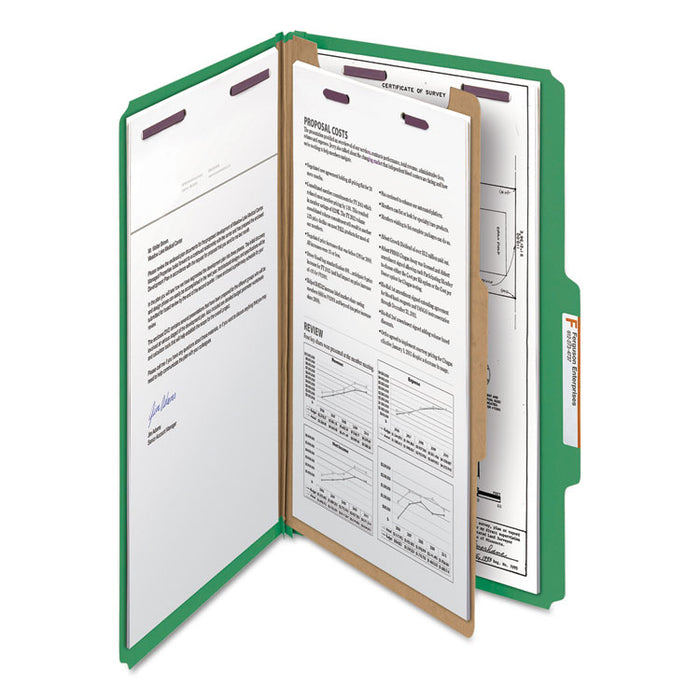 Four-Section Pressboard Top Tab Classification Folders with SafeSHIELD Fasteners, 1 Divider, Legal Size, Green, 10/Box