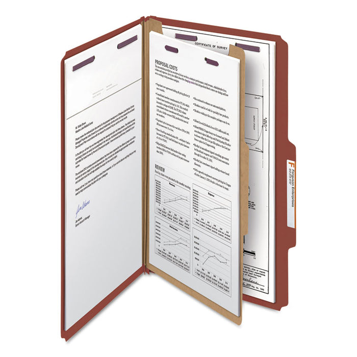 Pressboard Classification Folders with SafeSHIELD Coated Fasteners, 2/5 Cut, 1 Divider, Legal Size, Red, 10/Box