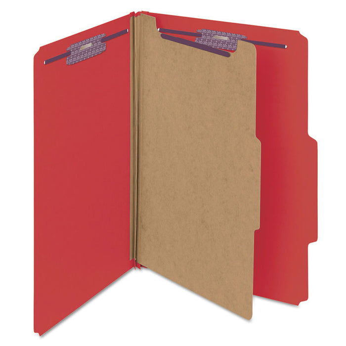 Four-Section Pressboard Top Tab Classification Folders with SafeSHIELD Fasteners, 1 Divider, Legal Size, Bright Red, 10/Box