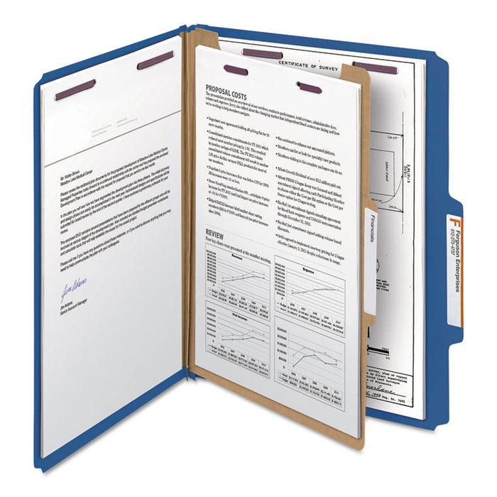 Four-Section Pressboard Top Tab Classification Folders with SafeSHIELD Fasteners, 1 Divider, Letter Size, Dark Blue, 10/Box