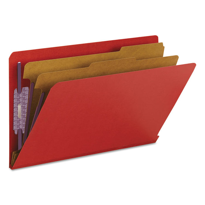 End Tab Pressboard Classification Folders with SafeSHIELD Fasteners, 2 Dividers, Legal Size, Bright Red, 10/Box