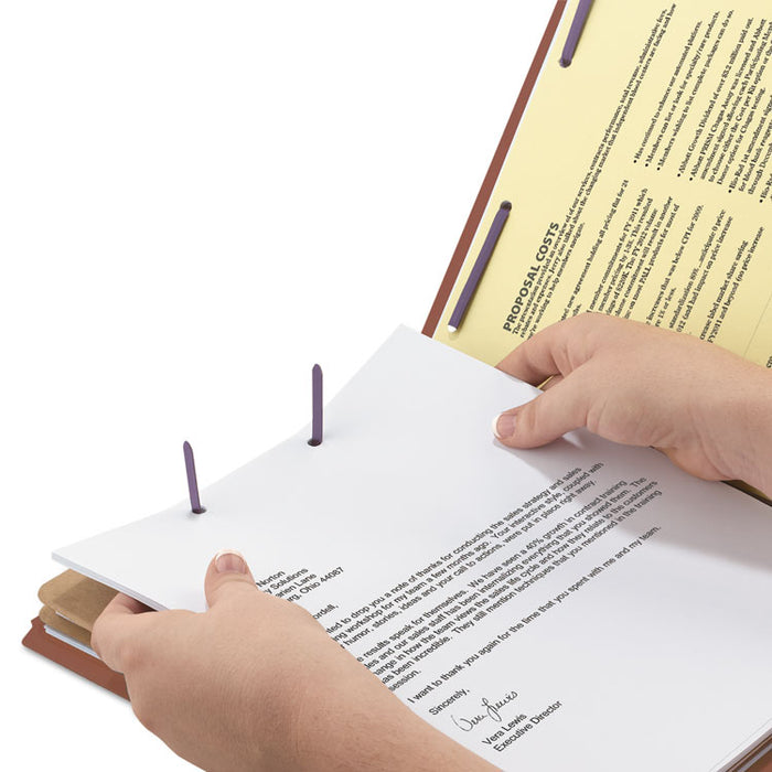 Pressboard Classification Folders with SafeSHIELD Coated Fasteners, 1/3-Cut, 2 Dividers, Letter Size, Red, 10/Box