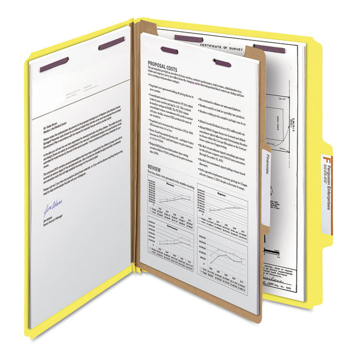 Four-Section Pressboard Top Tab Classification Folders with SafeSHIELD Fasteners, 1 Divider, Letter Size, Yellow, 10/Box