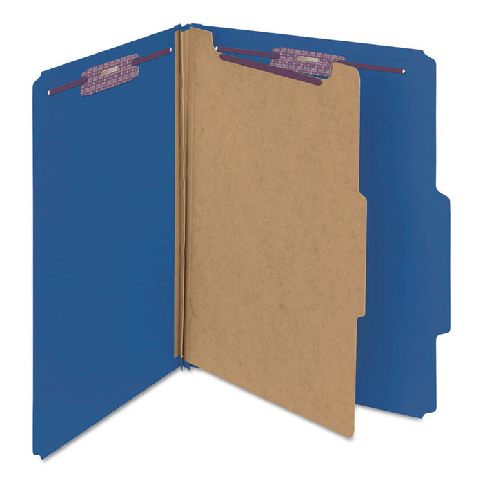 Four-Section Pressboard Top Tab Classification Folders with SafeSHIELD Fasteners, 1 Divider, Letter Size, Dark Blue, 10/Box