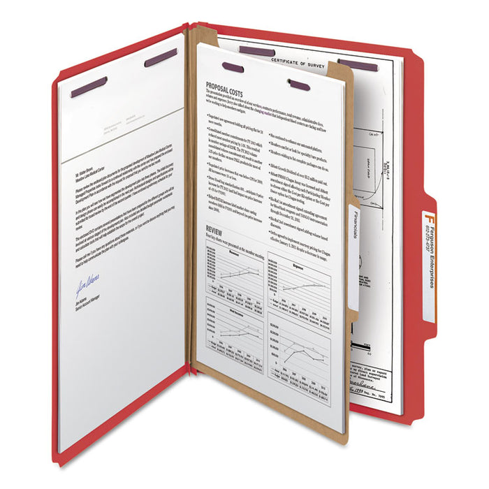 Four-Section Pressboard Top Tab Classification Folders with SafeSHIELD Fasteners, 1 Divider, Legal Size, Bright Red, 10/Box
