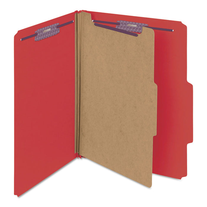 Four-Section Pressboard Top Tab Classification Folders with SafeSHIELD Fasteners, 1 Divider, Letter Size, Bright Red, 10/Box