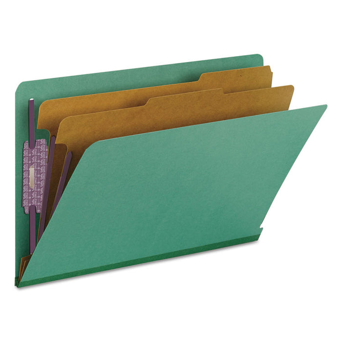 End Tab Colored Pressboard Classification Folders with SafeSHIELD Coated Fasteners, 2 Dividers, Legal Size, Green, 10/Box