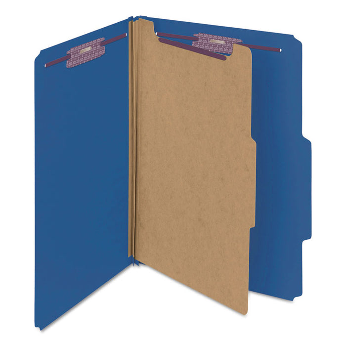 Four-Section Pressboard Top Tab Classification Folders with SafeSHIELD Fasteners, 1 Divider, Legal Size, Dark Blue, 10/Box