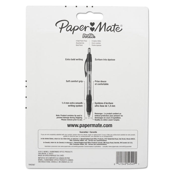 Profile Ballpoint Pen, Retractable, Bold 1.4 mm, Assorted Ink and Barrel Colors, 8/Pack