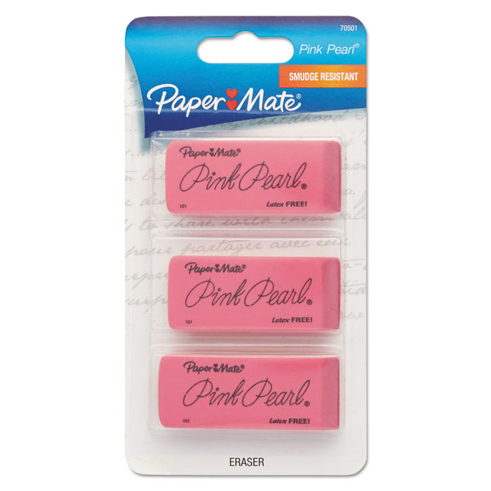 Pink Pearl Eraser, For Pencil Marks, Rectangular Block, Large, Pink, 3/Pack