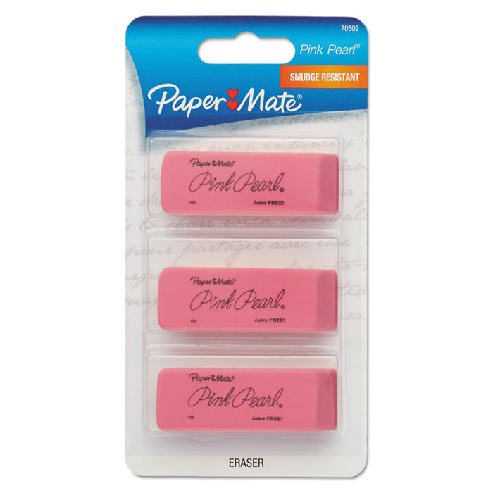 Pink Pearl Eraser, Rectangular, Medium, Elastomer, 3/Pack