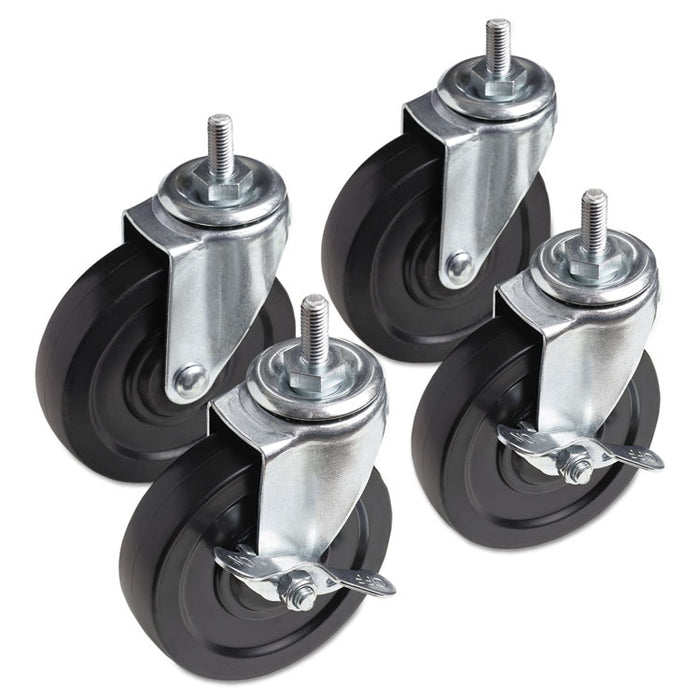Optional Casters for Wire Shelving, Grip Ring Stem, 3" Wheel, Black, 4/Set (2 Locking)