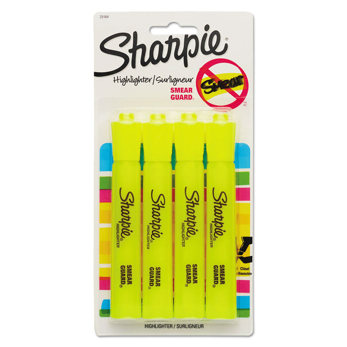 Tank Style Highlighters, Chisel Tip, Fluorescent Yellow, 4/Set