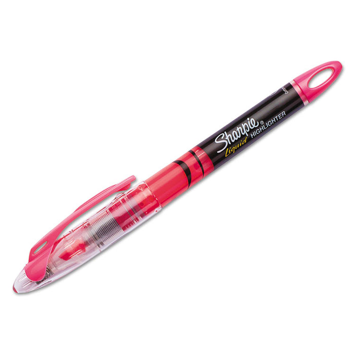 Liquid Pen Style Highlighters, Fluorescent Pink Ink, Chisel Tip, Pink/Black/Clear Barrel, Dozen