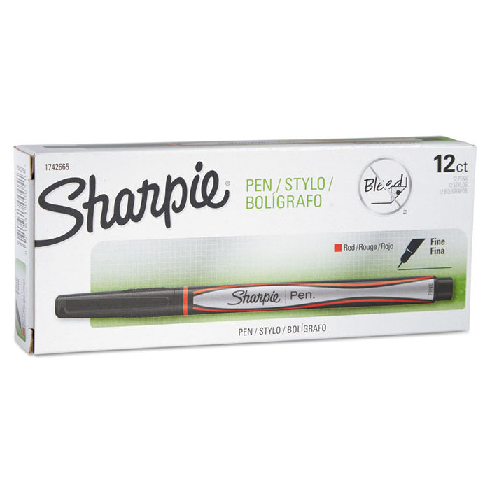 Water-Resistant Ink Porous Point Pen, Stick, Fine 0.4 mm, Red Ink, Black/Gray/Red Barrel, Dozen