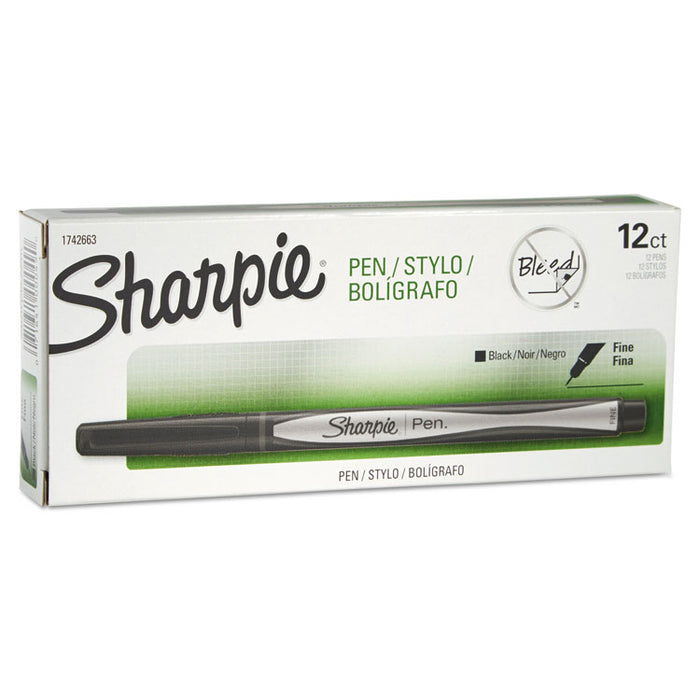 Water-Resistant Ink Porous Point Pen, Stick, Fine 0.4 mm, Black Ink, Black/Gray Barrel, Dozen