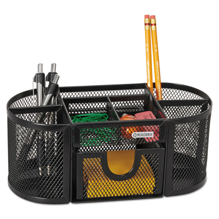 Mesh Oval Pencil Cup Organizer, 4 Compartments, Steel, 9.38 x 4.5 x 4, Black