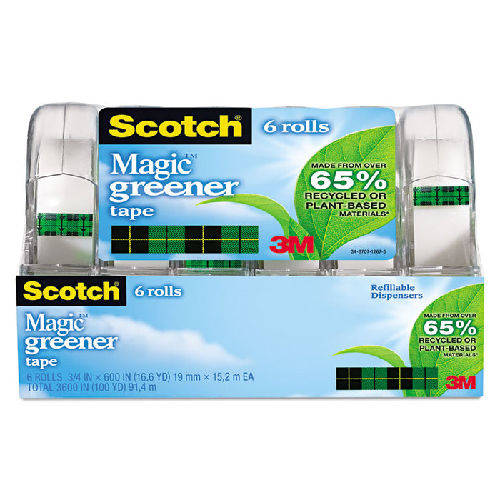 Magic Greener Tape with Dispenser, 1" Core, 0.75" x 50 ft, Clear, 6/Pack