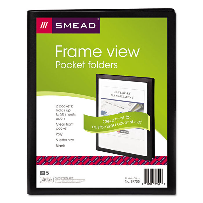 Frame View Poly Two-Pocket Folder, 11 x 8 1/2, Clear/Black, 5/Pack